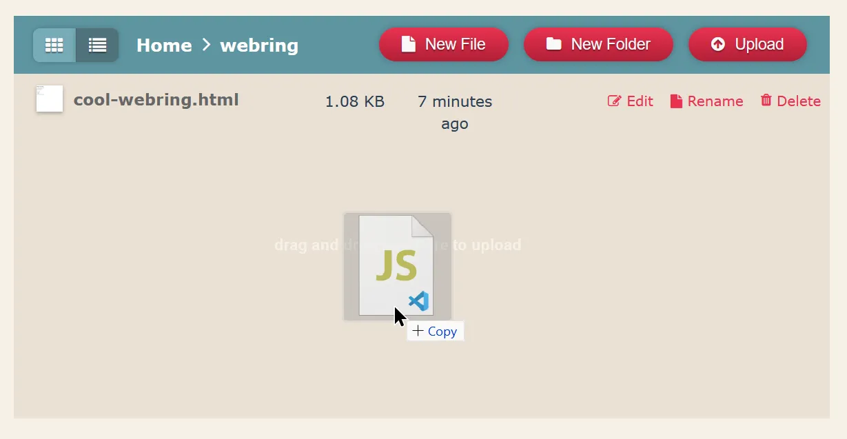 Dragging and dropping a JavaScript file into the Neocities file browser.