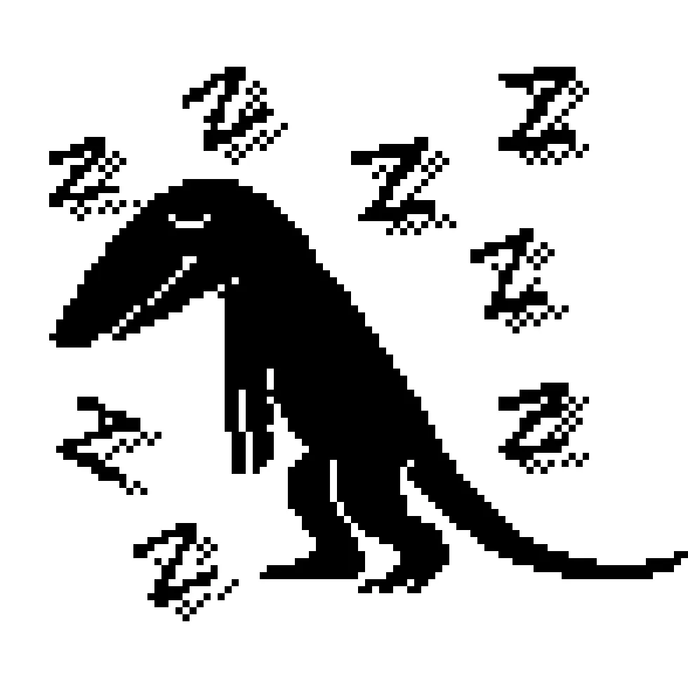 1-bit pixel art of a standing lizard-thing being sleepy.