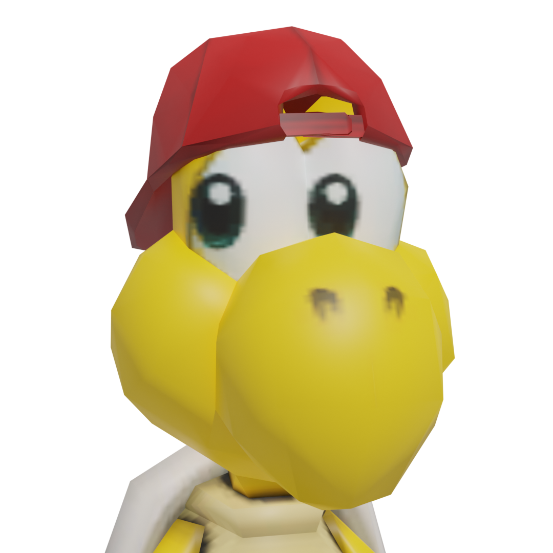 3d render focused on the head of a koopa troopa with a red cap on backwards, looking to the right.