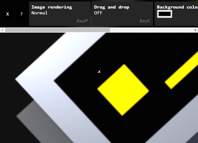 an image viewer, zoomed up to the upper left corner for some kind of light gray rectangle. there is a toolbar at the top. the first two buttons are icon-sized. the first one is an "x", and the second one is a question mark. the next two buttons are full-sized and have text. the first one says "Image rendering," and it is set to "Pixelated." There is a tooltip under that button which says, "When set to 'Pixelated,' the image won't become blurry when you zoom in." The second button says "Drag and drop," it is set to "Off."