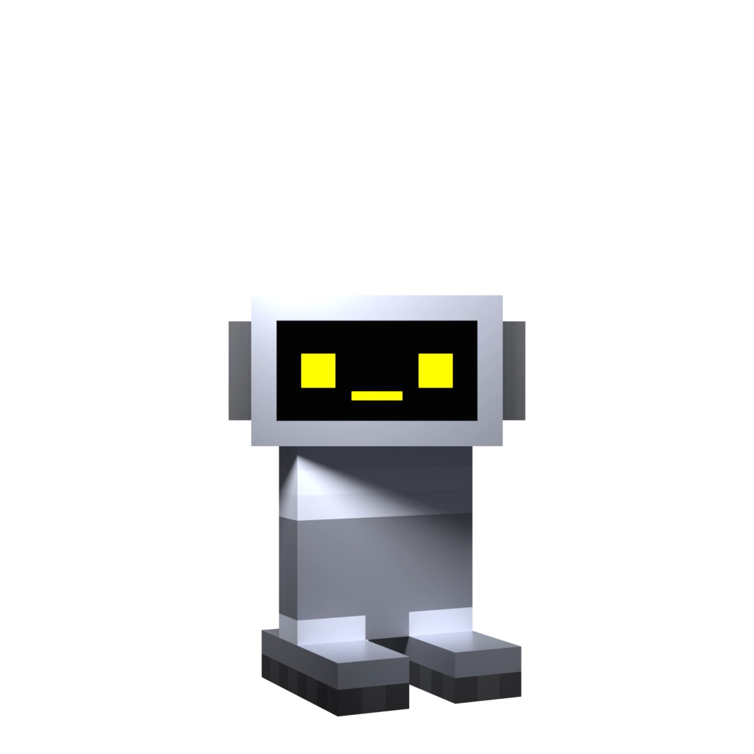 short tv-head robot with tracks as feet and no arms. they have yellow eyes and a yellow mouth.