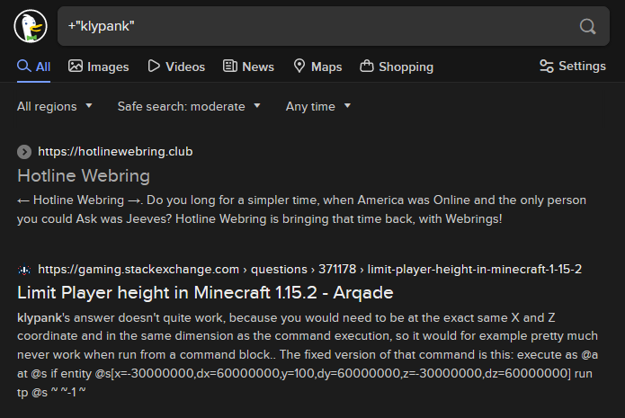 "klypank" on DuckDuckGo. The search results show Hotline Webring and the StackExchange Arqade question "Limit Player height in Minecraft 1.15.2"