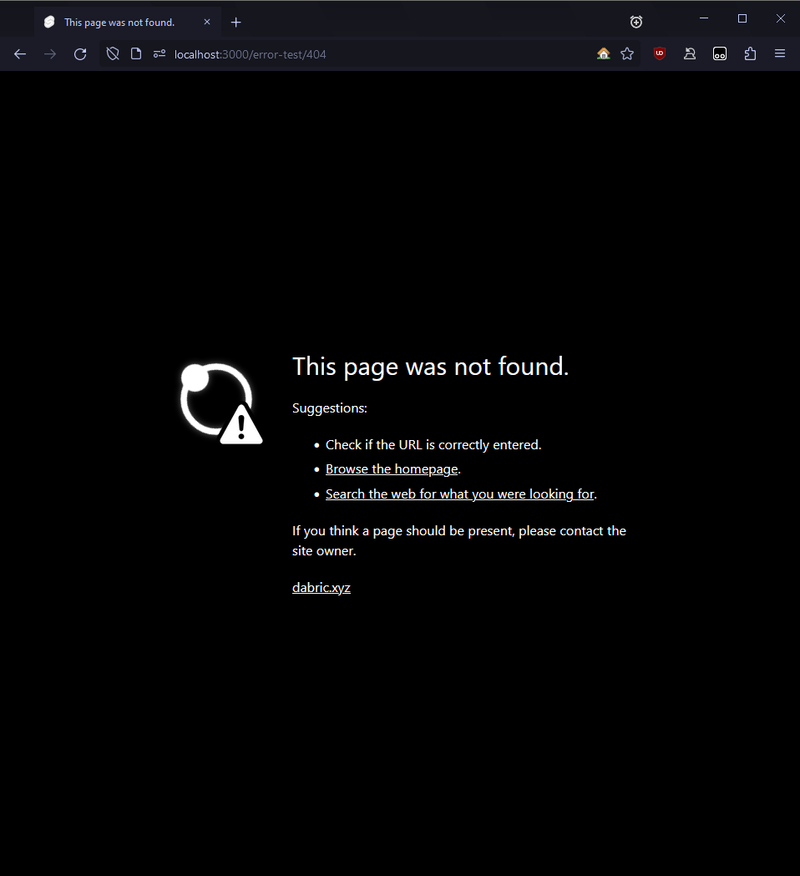 the error page reading "This page was not found". its minimal with white on black text, and also offers some suggestions.
