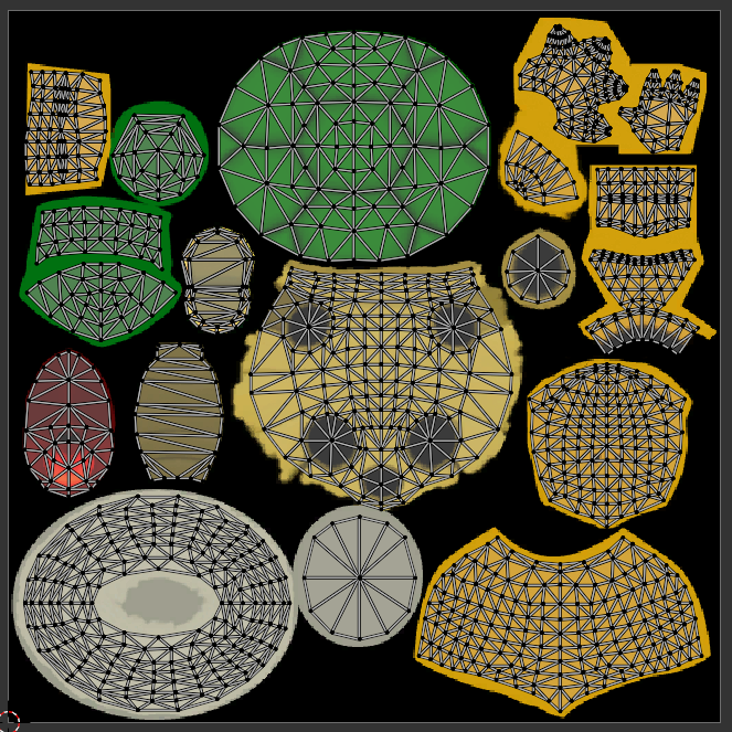 UV map over a texture of the Koopa Troopa model. Some of the UV is right against the edge, while others have fat outline around them.