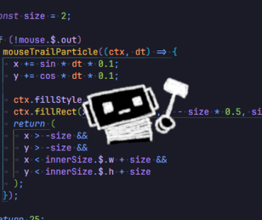 A drawing of Dabric the robot holding a hammer, with some code as the background.