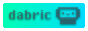 the text "dabric" and dabric the robot in gray, on top of a rounded box with a green to blue gradient. it's basically the header. it's also lacking a shadow.