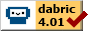 A box with a white and red section. The white has a blue dabric robot in it, and the yellow has "dabric 4.01" with a red checkmark.