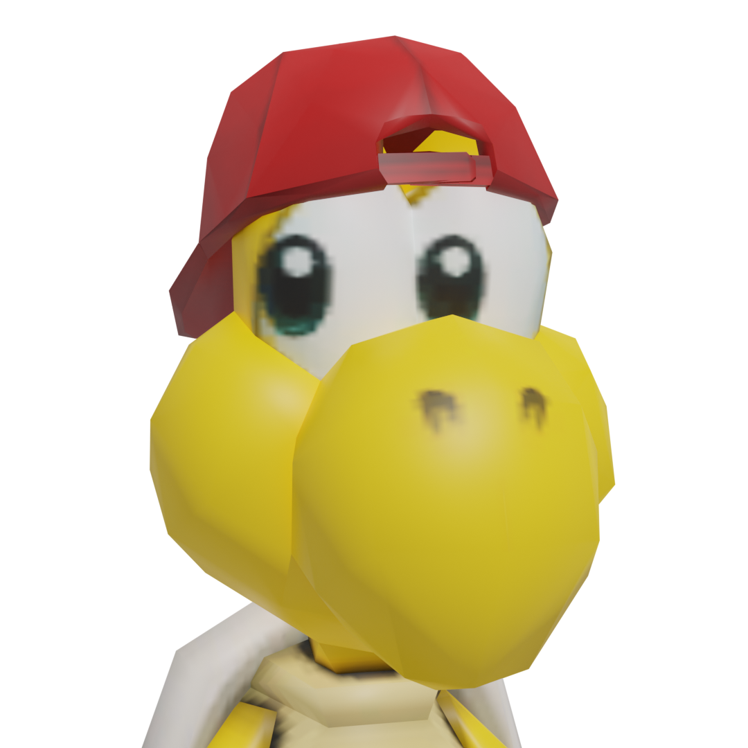 3d render focused on the head of a koopa troopa with a red cap on backwards, looking to the right.