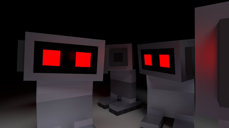 Four multibots in some dark place. It's a POV, and one of them is looking at you.