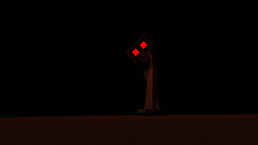 A giant multibot with long legs an red eyes walking. It's dark.