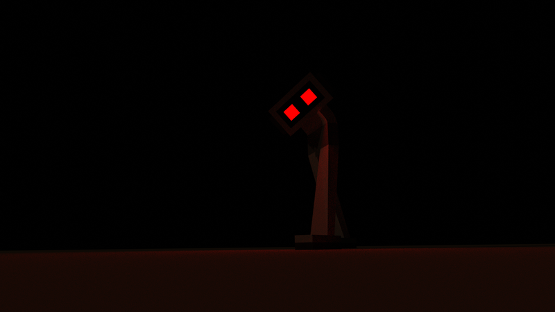 A giant multibot with long legs an red eyes walking. It's dark.