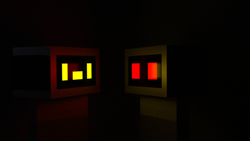 Dabric and another multibot looking at each other, in the dark. Their faces reflect off of each other.