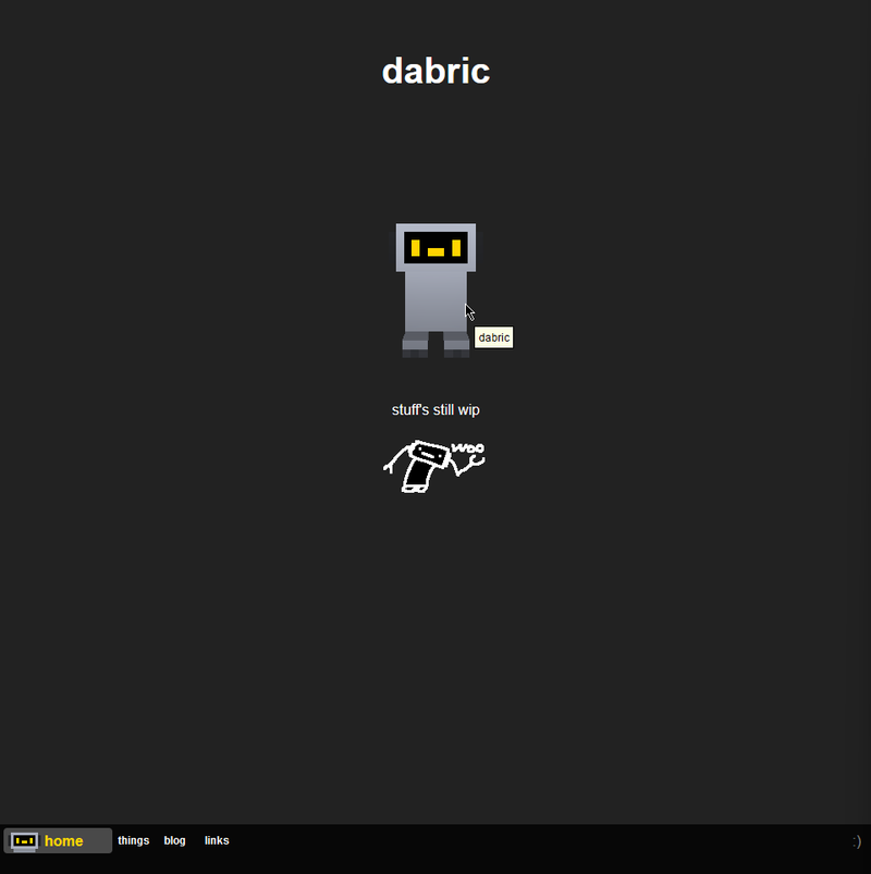 The homepage. The 3D model of dabric is now actually an interactive 3D model, with the tooltip now simply saying "dabric".