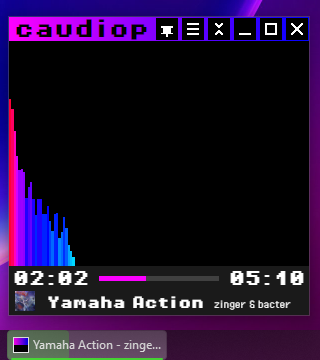 caudiop. It has a gradient title bar, showed the progress also on the taskbar, and is playing a song with a simple bar visualizer. The song is "Yamaha Action" by zinger and bacter.